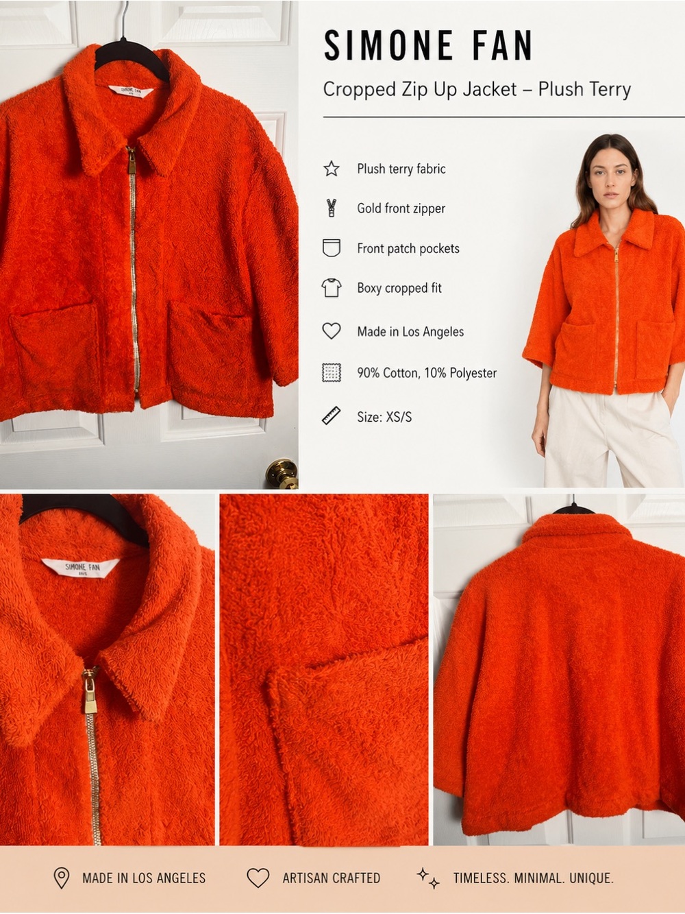 Simone Fan The Cropped Zip Up Jacket- Plush Terry Orange Gold Zip Size Small
